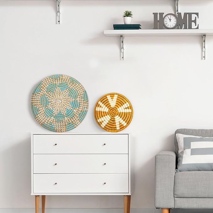 Tatuo 11 Pcs Boho Wall Basket Decor Bulrush Woven Wall Hanging Art Round Farmhouse Rustic Handmade Wicker for Summer Home, Bedroom, Living Room, Kitchen Decorations, Multi Sizes(Bright)