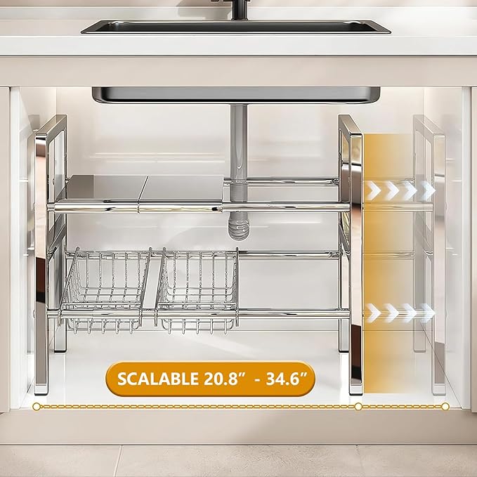 Large Under Sink Organizer 2 Tier Expandable Heavy Stainless Steel Shelf Adjustable Height for Under Kitchen Bathroom Sink Organizers and Storage (Large Size: 4 Panels 4 Storage Baskets)