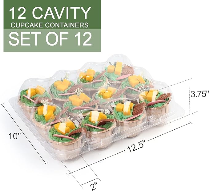 LotFancy (12 Count x 12 Sets) Cupcake Containers with 144 Liners, Thick Plastic Cupcake Boxes Holders, BPA Free, Disposable Cupcake Carrier with Detachable Tall Dome Lid