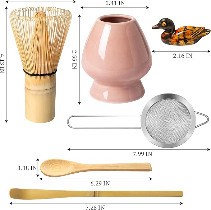 Matcha Whisk Set Pink, Matcha Making Kit Whisk (Chasen Holder), Ceramic Whisk Holder, Bamboo Scoop, Powder Starter Sifter, Spoon Japanese Tea Tools For Ceremony Gift