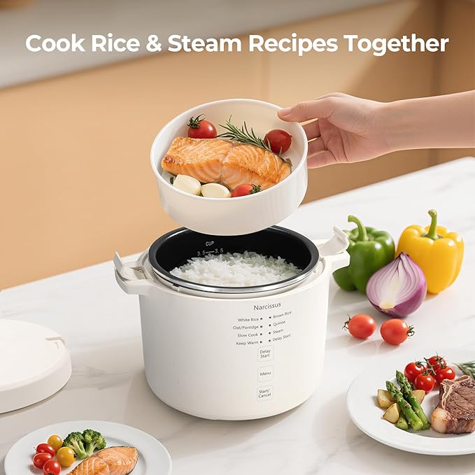Narcissus 3.5-Cup Rice Cooker for 1-3 People, Multifunctional for Rice, Oatmeal, Quinoa - Slow Cook, Steam, Cook Rice & Steam Dish Together, Rice White