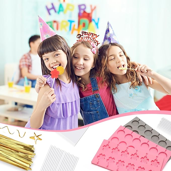 303Pcs Silicone Lollipop Molds Kit, Lollipop Maker Molds Set, Non-Stick Lollipop Candy Molds for Chocolate, 3D Flower Silicone Mold for Hard Candy with 100P Sticks, 100P Candy Bags, 100P Ties