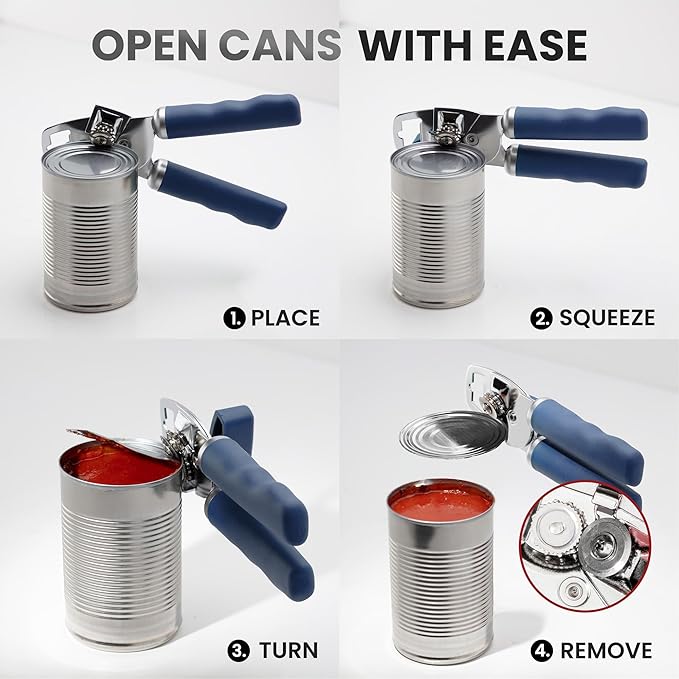Zulay Kitchen Heavy Duty Stainless Steel Can Opener Manual with Bottle Opener - Rust Proof Manual Can Opener With Turn Knob & Comfy Soft Grip Handles - Blue