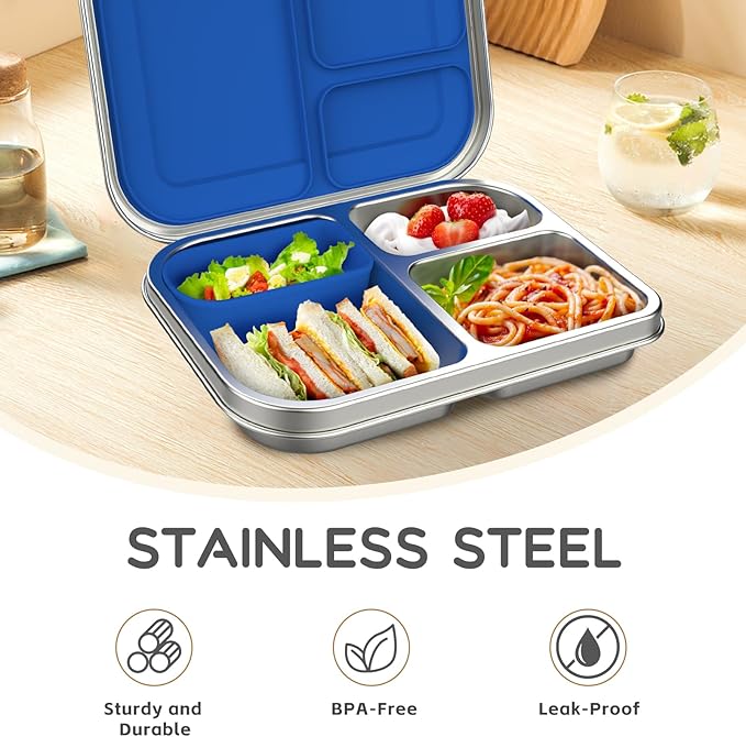 BOSEDSANG Stainless Steel Kids Leak-Resistant Bento Lunch Box, 3-Compartments with Silicone Container, Dishwasher-Safe, Child-Friendly Design for School, Picnics & Travel,BPA-Free (Blue)