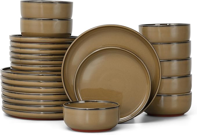 E-far Stoneware Dinnerware Sets for 8, 24 Pieces Reactive Glaze Plates and Bowls Sets, Elegant Dishes with Rustic Terracotta Clay Base, Dishwasher & Microwave Safe, Scratch Resistant, Desert Camel