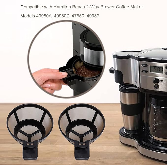 Reusable Single Serve Brew Coffee Basket Scoop,Gold Coffee Filters Replacement Compatible with Hamilton Beach 2-Way Coffee Makers 49980A, 49980Z, 47650, 49933 Accessories,Pack of 2