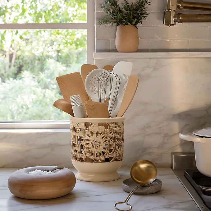Farmhouse Kitchen Utensil Holder for Countertop, Ceramic Large Cooking Utensil Crock with Cork Mat, Decorative Rustic Utensil Holder for Kitchen Counter, Hollow Carving Flower, Beige