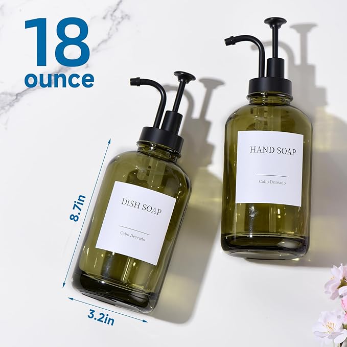 Glass Soap Dispenser with Pump, Dish and Hand Soap Dispenser for Kitchen Bathroom Set, Clear Glass Dispenser Set of 2 Pack with 18 Stickers Funnel Bamboo Tray 500ml 18oz Green