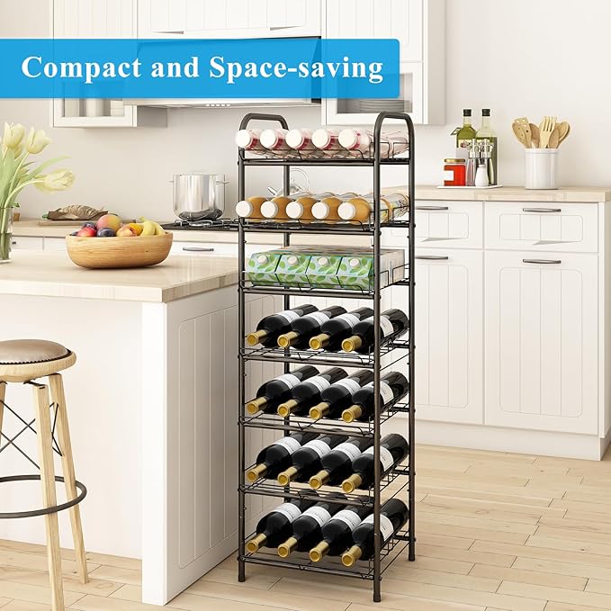 GILLAS 7 Tier Without Wooden Top Water Bottle Storage Rack, Free Standing Vertical Metal,Water Bottle Organizer, Large Capacity Bottled Rack Water Holder Stand for Cabinet Kitchen Party Pantry,Black