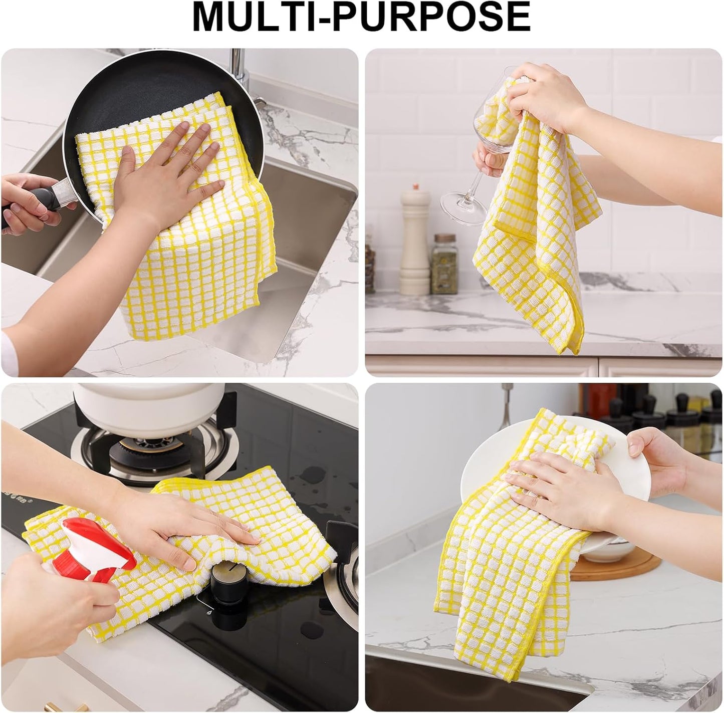 Kitinjoy Cotton 8 Pack Terry Kitchen Dish Cloths, 12 x 12 Inches Super Soft and Absorbent Dish Rags, Quick Drying Dish Towels for Washing Dishes, Yellow