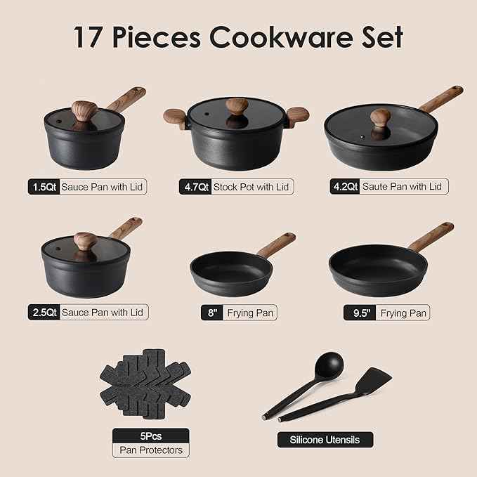 SENSARTE Nonstick Pots and Pans Set 17pcs, Healthy Induction Cookware Set, Kitchen Cooking Set with Skillets & Saucepans, Stay-cool Handles, Dishwasher Safe, PFOA PFOS Free, Matte Black