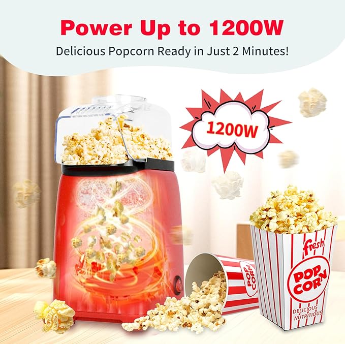 Large Capacity Popcorn Maker Machine, 3 Oz Popcorn Popper (42% More Corn Than Standard 2 Oz), 2 Min Fast Popping, No Oil & BPA-Free, ETL Certified Air Popper for Home Theater, Movie Nights, Parties