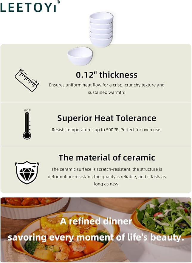 LEETOYI Mini Ceramic Ramekins Souffle Dishes 1.5 OZ, Small Dipping Bowls, Sauce Dip Bowls for Kitchen Serving Sauce Condiments, Oven & Microwave Safe, Set of 6, White