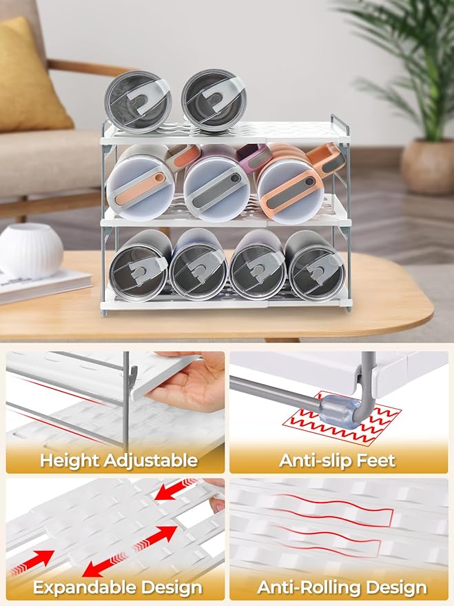 Cirhy 12" Tall 3-Tier Expandable Water Bottle Organizer – Fits 20-40 oz Stanley, Owala, Yeti Tumblers, Shaker Cups & Travel Mugs – Adjustable Storage Rack for Cabinet, Kitchen & Pantry Organization