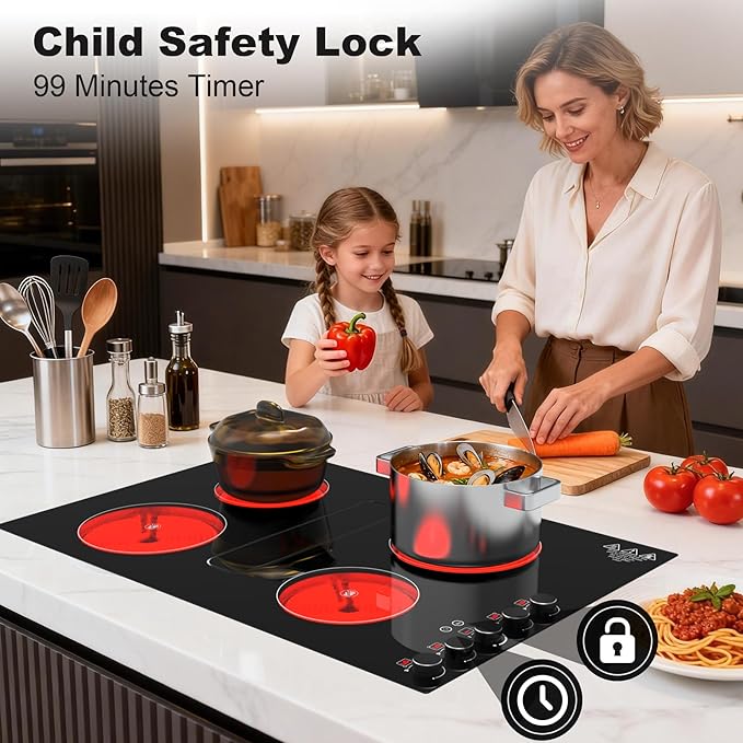 31" Electric Cooktop with Downdraft – 4 Burner 6000W Built-in Electric Stove, BBQ Bridge Burner, Timer, Safety Lock, Recirculating Vent (220V-240V)