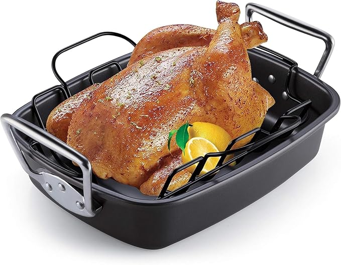 Cook N Home Nonstick Roasting Pan Bakeware Roaster with Rack, 17x13-inches, Black