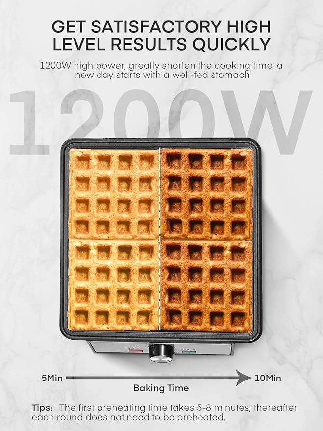 1200W Belgian Waffle Maker 4-Slice, Stainless Steel, 5 Browning Levels, Non-Stick Surfaces, Silver/Black, FOHERE - Perfect for Family Breakfasts (Black)