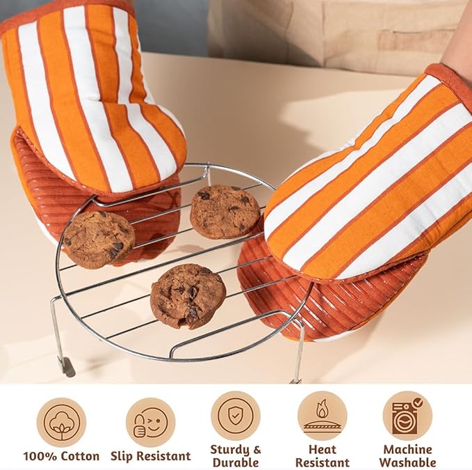 Folkulture Oven Mitts - Set of 2 (5.75"x9") | Oven Mitts with Hanging Loop for Cooking Gifts for Women, Kitchen Decor| 100% Cotton, Silicone Heat Resistant Mini Mitts (Orange)