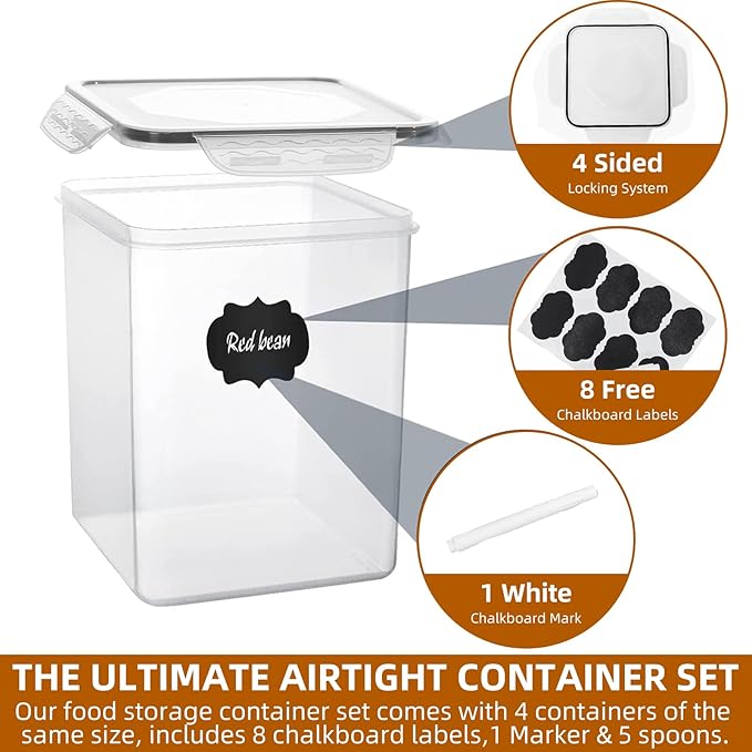5.2L (175oz) 4-Pack Airtight Food Storage Containers with Organization Kit - BPA-Free Plastic Canisters for Flour, Sugar, Rice & Baking Supplies, Includes Lids, Measuring Cups & Labels, Black