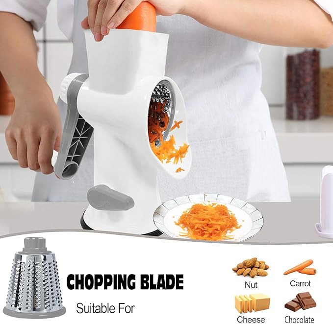 Cheese Grater MultiFunction Rotary Cheese Grater Hand Crank – Cheese Shredder Effortlessly Shred,Slice,Chop.Applicable to Cheese, Vegetables,Fruits,Nuts,Non-Slip Suction Base,Easy to Clean (white)