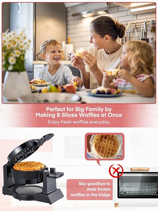 Waffle Maker, 1400W Double Belgian Waffle Iron 180° Flip, 8 Slices in 3 Mins, Rotating & Nonstick Plates, Anti-Scald, Removable Drip Tray Easy to Clean, Cool Touch Handle, Space-Saving Storage(Black)