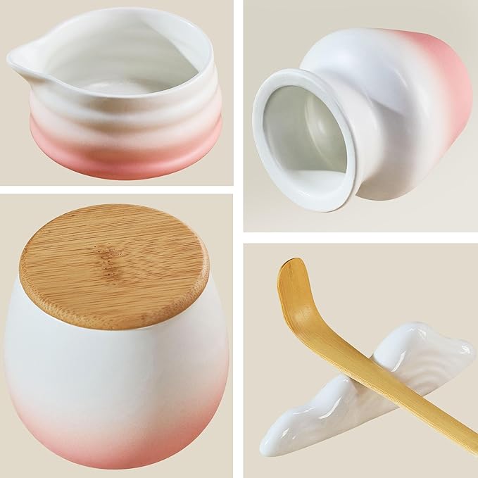 Matcha Whisk Set, Pink Matcha Kit, 8 Pcs Matcha Set Includes Matcha Bowl with Spout, Matcha Whisk and Holder, Ceramic Tea Caddy, Bamboo Scoop, Scoop Rest, Sifter and Tea Towel, Gift for Tea Lover
