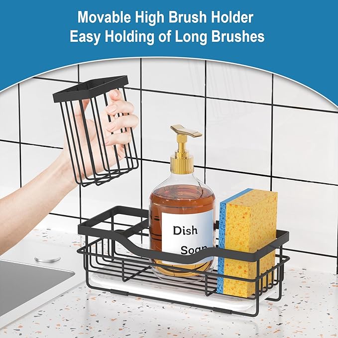 Sponge Holder for Kitchen Caddy Sink Organizer, Multifunctional Rustproof Dish Soap Sponge Caddy for Sink Counter with Detachable Brush Holder & Drain Tray - Storage Kitchen & Home Accessories