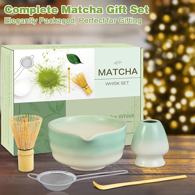 Matcha Whisk Set, Ceramic Matcha Bowl with Spout, Bamboo Whisk, Traditional Scoop, Chasen Holder, Powder Sifter, Japanese Tea Making Kit for Matcha Lovers Beginners Birthday Christmas Gift
