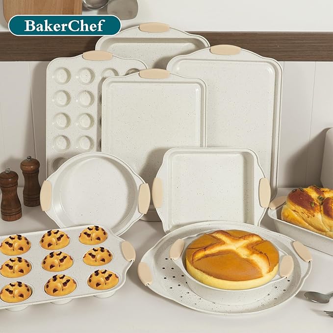 10-Piece Nonstick Baking Pans Set, Stackable Non-Toxic Bakeware Sets with Silicone Handle, Oven Pan Set for Cooking, Includes Easy Release Cookie Sheet, Roasting Pan, Muffin Tin (Cream)