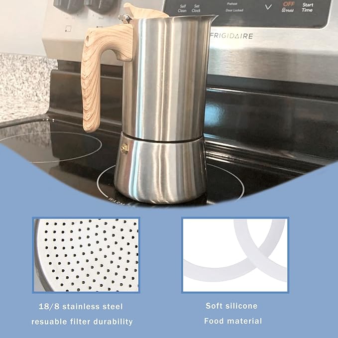 Sivaphe 2 Espresso Cup Stainless Steel Moka Pot Replacement Infuser Parts for Stainless Steel Italian Stovetop Espresso Coffee Maker, 1 Filter and 3 Silicone Gasket Seals