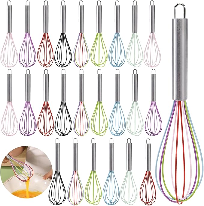 Set of 24 Silicone Whisk Bulk for Cooking, 10 In Wisking Tool Non Scratch, Flexible Rubber Whisks for Nonstick Pans, Kitchen Hand Whisk for Blending Beating Baking, BPA Free Dishwasher Safe