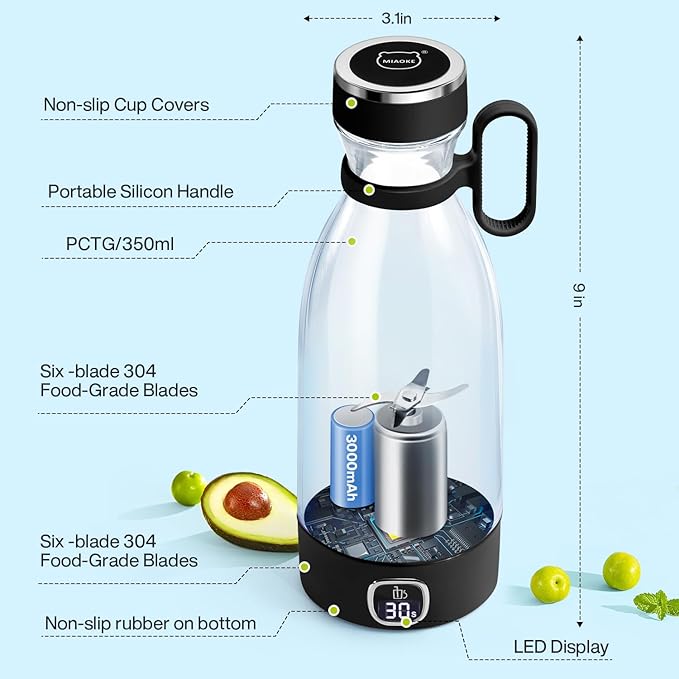 MIAOKE Portable Blender, 6 Blades Juicer Cup for Juice Shakes and Smoothies 350ml Mini Blender with Led Display Usb Rechargeable,3000Mah Rechargeable Battery, for Home Sports Outdoors Travel-Black
