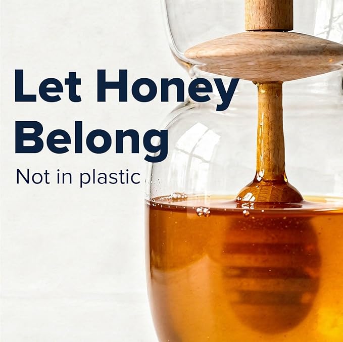 Viva Handmade Small Glass Honey Jar with Dipper and Lid – Borosilicate Glass Honey Container Dispenser, No-Drip Wood Stick for Smooth Pouring – 10 oz / 300 ml for Kitchen & Tea Ritual
