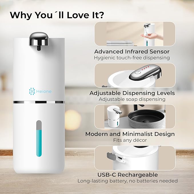 Automatic Touchless Foam Soap Dispenser (White, 12.8oz) | USB-C Rechargeable, Infrared Sensor, IPX5 Waterproof for Bathroom, Sinks, Kitchen | Wall Mount or Countertop for Hand Soap