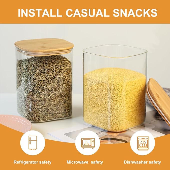 Glass Food Storage Jars 3.6 Qt Set of 2,Glass Storage Containers Clear Glass Food Canister with Bamboo Lid Airtight For Serving Tea, Coffee, Flour, Sugar, Candy, Cookie, Spice and More (Square)