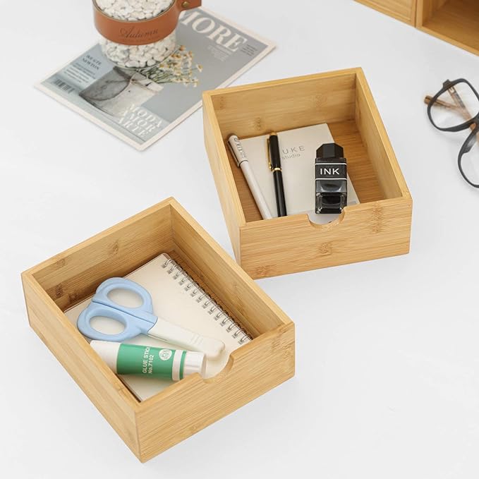 Wisuce Bamboo Desk Drawer Organizer, Desktop Organizer with Drawers Tabletop Storage Organization Box for Office Home Toiletries Supplies Vanity, No Assembly Required(4 Drawes)