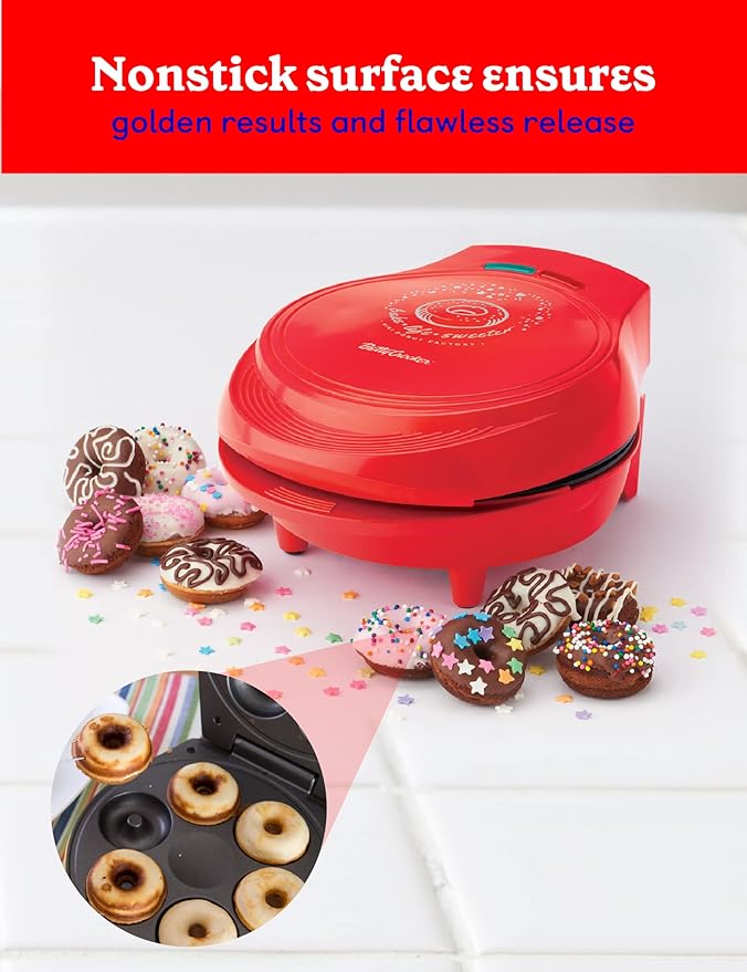 BETTY CROCKER Donut Maker, Mini Donut Maker with Nonstick Surface, Mini Donut Maker Machine with Cool Touch Handle & Makes 7 Delicious Fresh Donuts in Minutes, Red