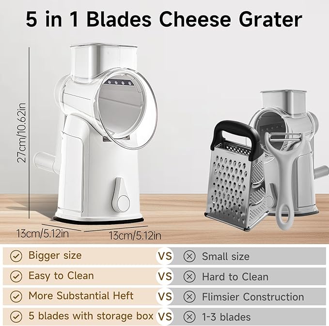 Rotary Cheese Grater Hand Crank, 5 in 1 Mandoline Vegetable Slicer - 5 Sets of Blades,Strong Suction Base&Easy to Clean - Kitchen Cheese Grater Shredder with Handle for Fruit,Vegetable,Nuts