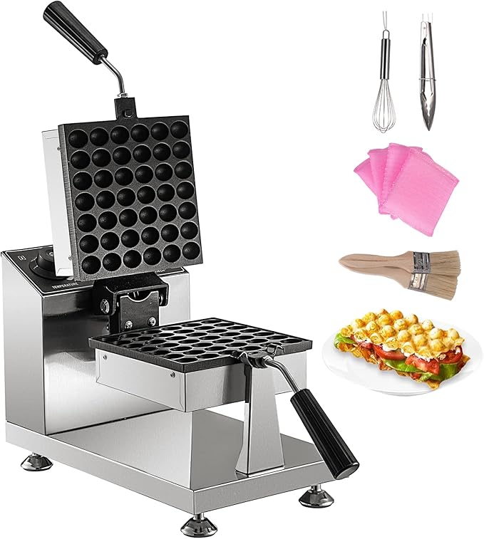 VEVOR Commercial Bubble Waffle Maker, 8" Square Mould, 1200W Egg Bubble Puff Iron w/ 360°Rotatable 2 Pans & Bent Handles, Stainless Steel Baker w/Non-Stick Teflon Coating, 50-300℃/122-572℉ Adjustable