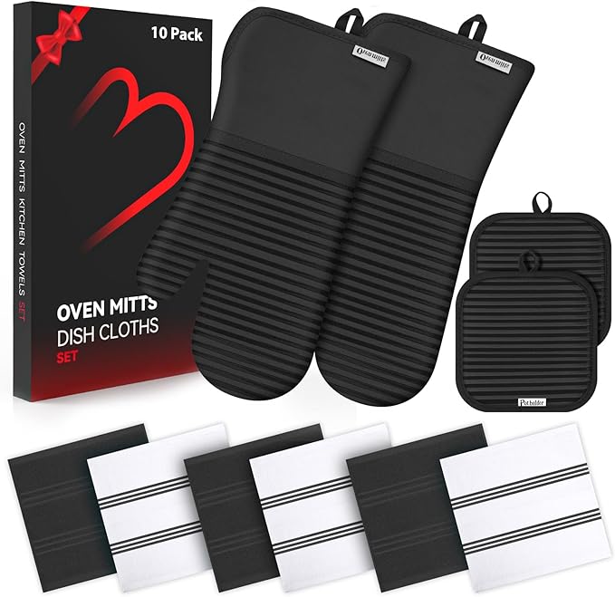 Oven Mitts and Pot Holder Sets with Silicone Grip, 500°F Heat Resistant-6 Pack Dishcloth/Dish Towels for Kitchen 100% Cotton-Value Kitchen Essentials for Cooking, Baking, Grilling-Black