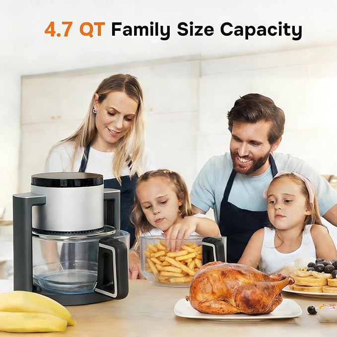 Simple Deluxe 4.7 Qt Glass Air Fryer, Non-Toxic 10-in-1 Digital Air Fryer with 360° Visible Glass Bowl, Nonstick & Dishwasher-Safe, Air Fry, Roast, Bake, Dehydrate, Fries, 1300W, Silver