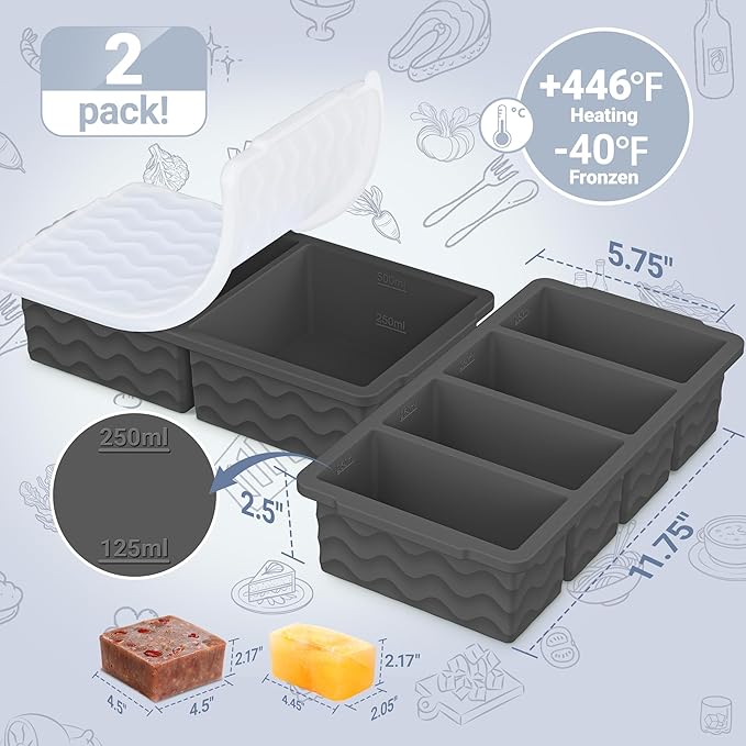 Silicone Freezer Molds for Soup with Lid, 1-Cup & 2-Cup Large Ice Cube Trays Food Storage Containers for Meal Prep, Freeze 500mL/250mL/125mL Portions – 2 Pack