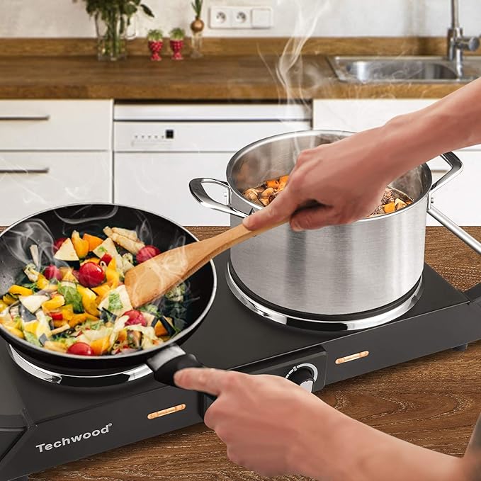 Techwood 1800W Hot Plate Portable Electric Stove Countertop Double Burner with Adjustable Temperature & Stay Cool Handles, 7.5” Cooktop for RV/Home/Camp, Compatible for All Cookwares