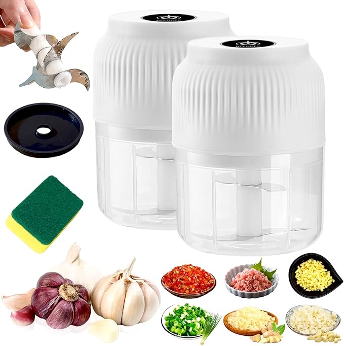 2026 Upgraded Household Electric Garlic Crusher, Capacity Electric Garlic Chopper, Mini Portable Veggie Cutter, 4 Sharp Stainless Steel Blades Mini Electric Food Chopper, Easy to Clean (White-2pcs)