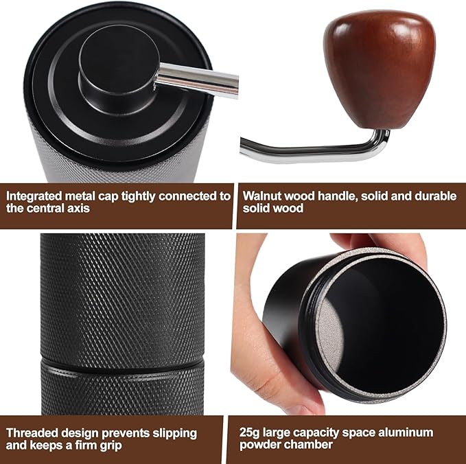 Manual Coffee Grinder Gift Box Detachable Stainless Steel Conical Burr Aluminum Coffee Bean Grinder with 25 Grinding Settings Cleaning Brush Grindable Espresso Moka Pot for Camping Black