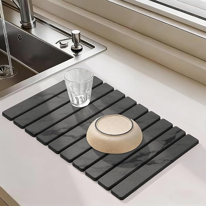 Large Stone Dish Drying Mat for Kitchen Counter, Quick Dry Stone Dishes Mats, Foldable Water Absorbing Diatomaceous Drying Pad for Countertop Bottles Utensils Cups Bathroom (Dark Gray 24"x16")
