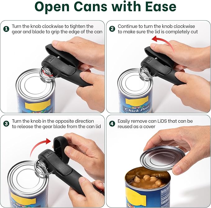 Beneno Can Opener, Safe Side Cut Can Opener Manual Smooth Edge with Smooth Cutting Wheel, Open Cans with no Sharp Edges, Effortless Easy to Turn Knob, Soft Non-Slip Handle, Black