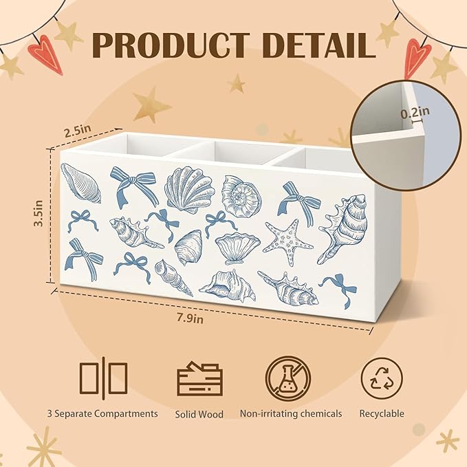 Coquette Blue Seashell Coastal Beach Wooden Utensils Holder, Preppy Nautical Beachy Sea Shell Wood Cooking Utensil Holder Organizer for Kitchen Countertop Counter Decor Accessories