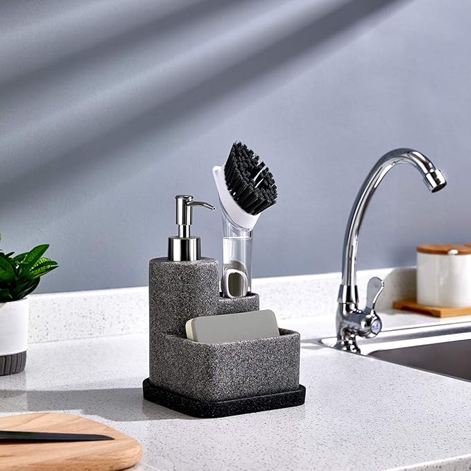 ZCCZ Black Soap Dispenser with Sponge Holder, Kitchen Soap Dispenser Pump, Sponge Caddy and Brush Holder 3 in 1 Set Organizer for Sink Countertop, Removable Tray, Marble Look (Brush NOT Included)