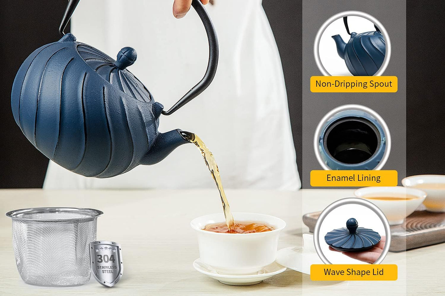 TOPTIER Japanese Cast Iron Tea Kettle with Infuser for Loose Leaf and Tea Bags, Stovetop Safe Teakettle with Enameled Interior, 40 oz (1200 ml), Navy Blue